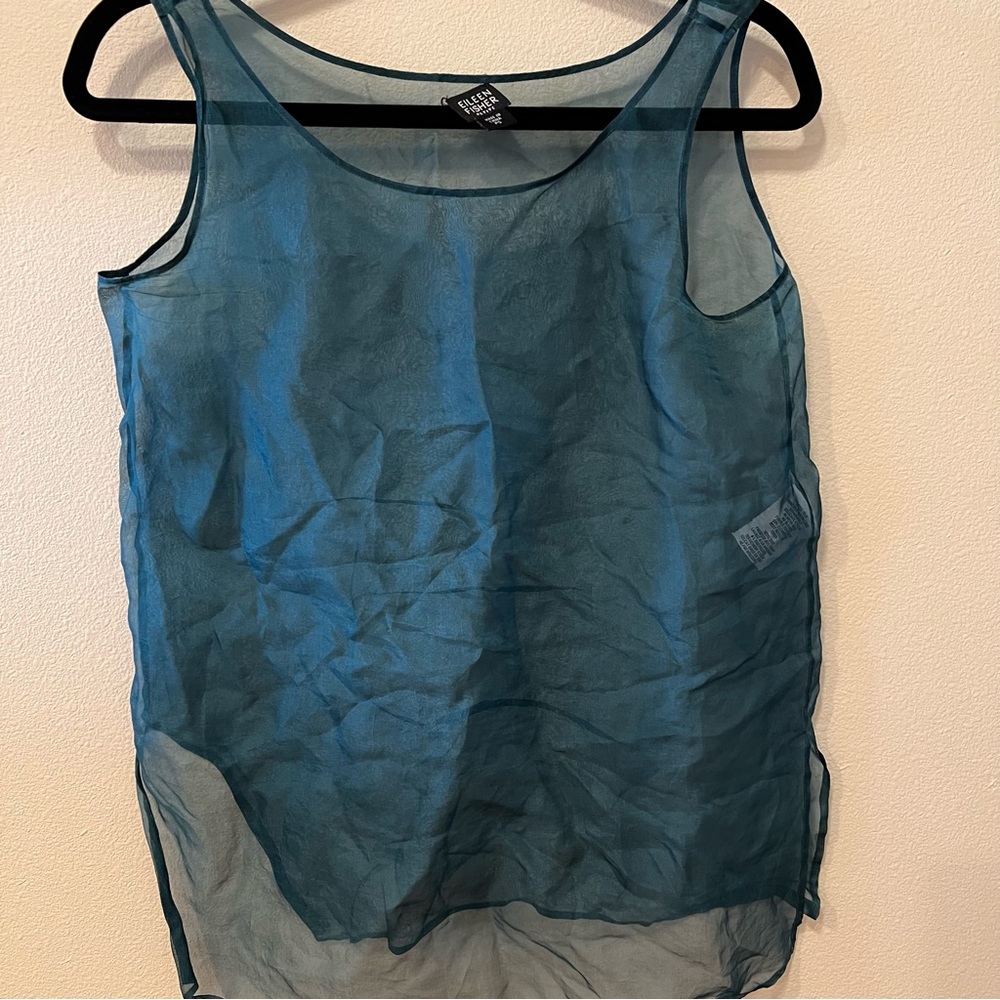 COPY - Eileen Fisher teal green silk tank, ribbon detail